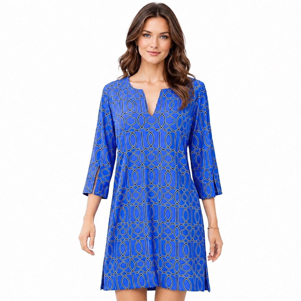 Jude Connally Megan Tunic Dress Blue Geometric Garden Gate 3/4 Sleeve Size Small